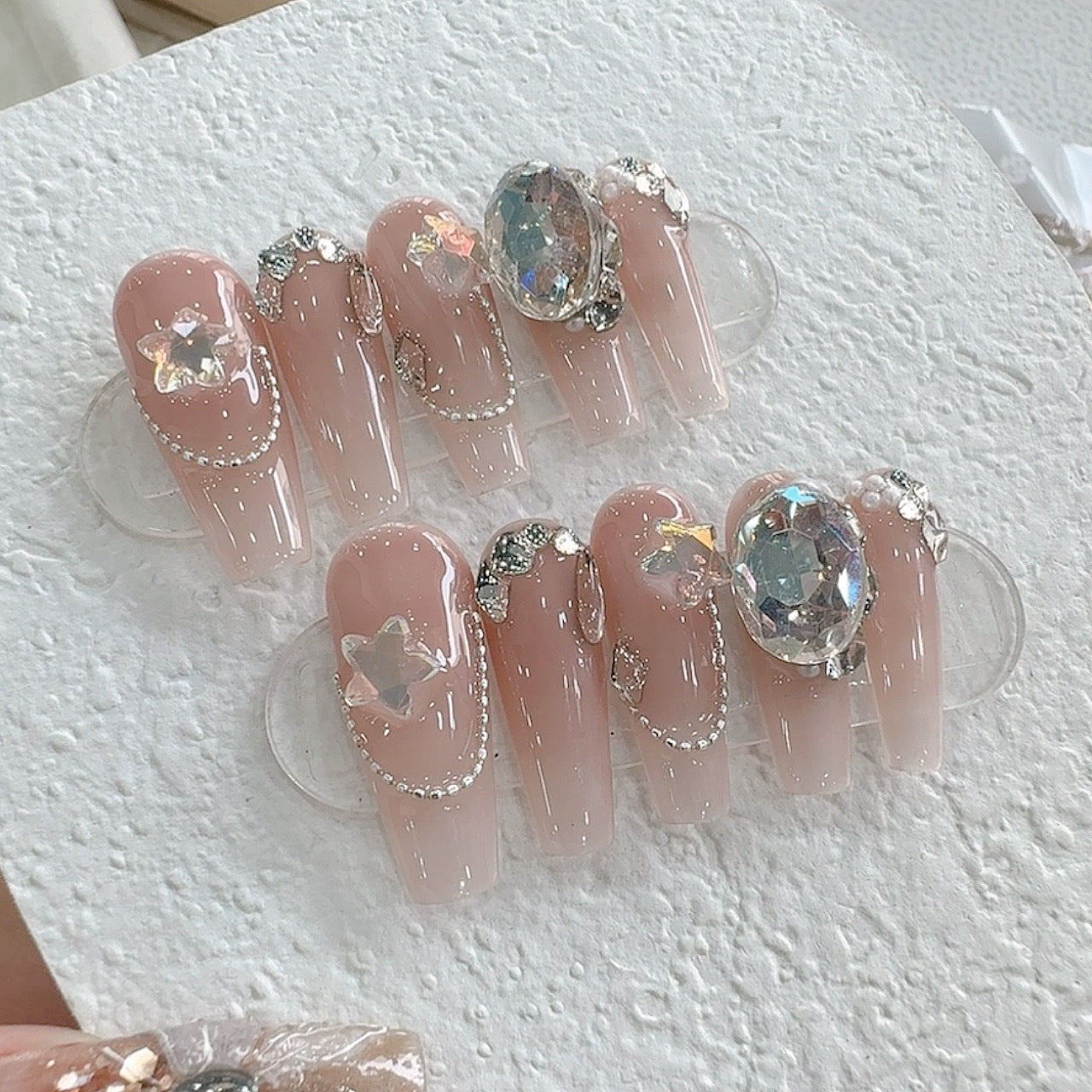 Peach Gradient Diamond Handmade press on Nails / 10Pcs  Ballerina Nails