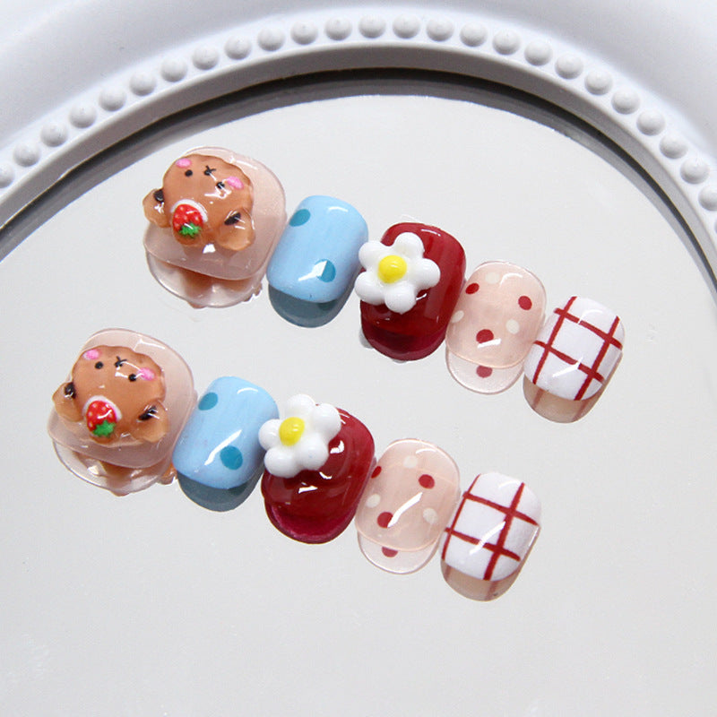 Polka Dot Bear Flowers（Handmade Press On Nails）/10Pcs Short Children's Nails