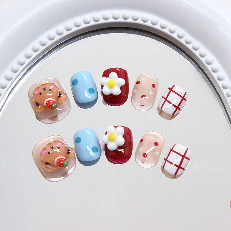 Polka Dot Bear Flowers（Handmade Press On Nails）/10Pcs Short Children's Nails