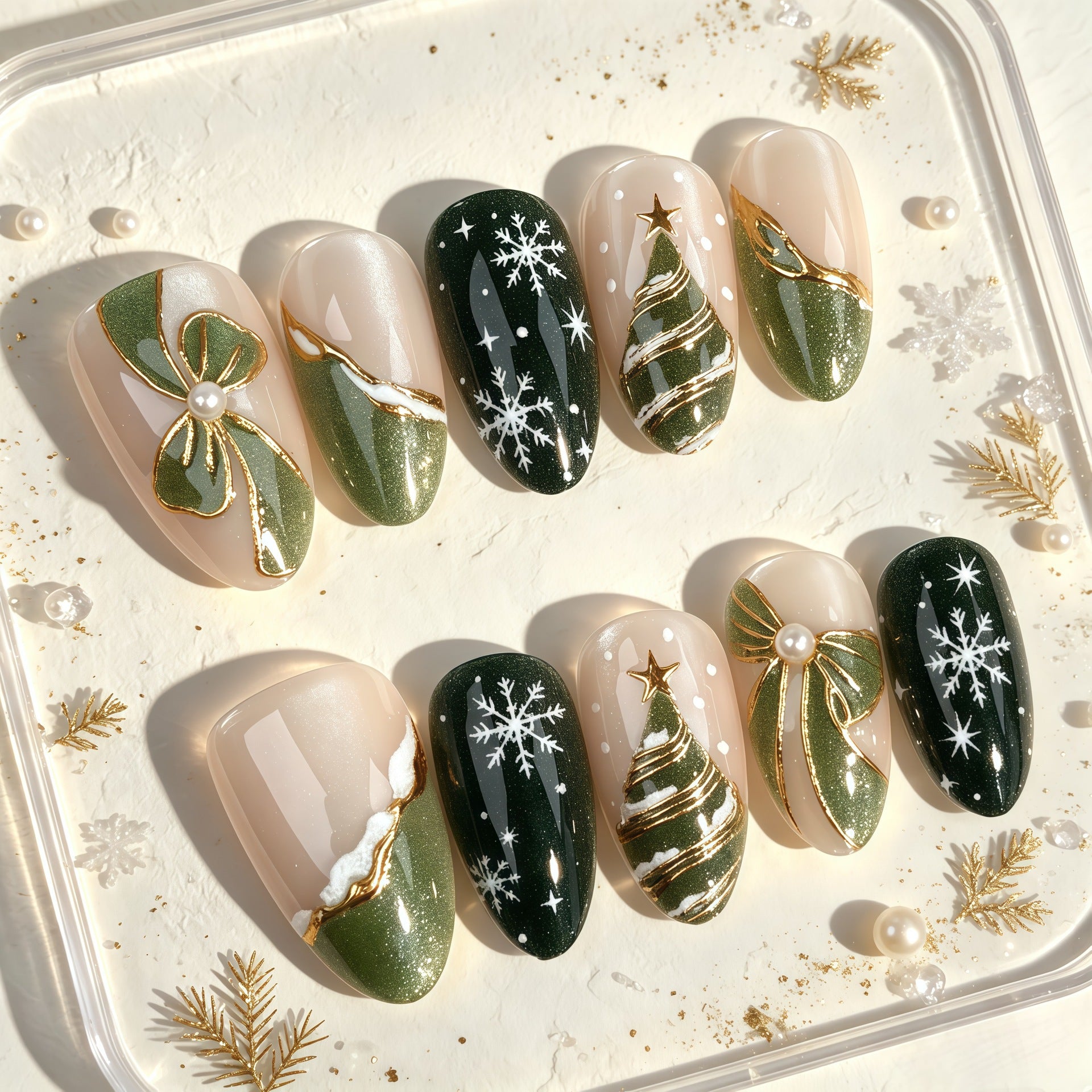 Green Christmas Tree Bow Presson on Nails 10Pcs Medium Almond Nails