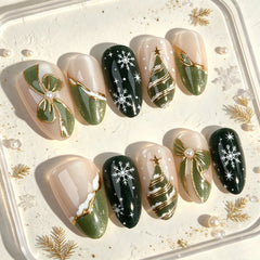 Green Christmas Tree Bow Presson on Nails 10Pcs Medium Almond Nails