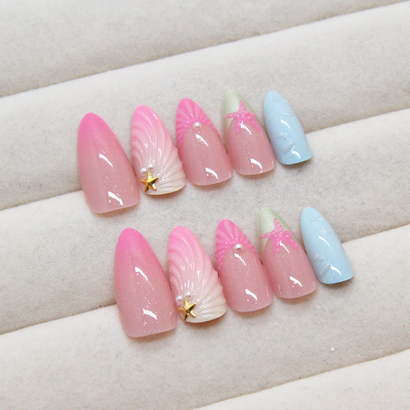 Colorful 3D seashells Summer Press on Nails 24Pcs Medium Almond Nails