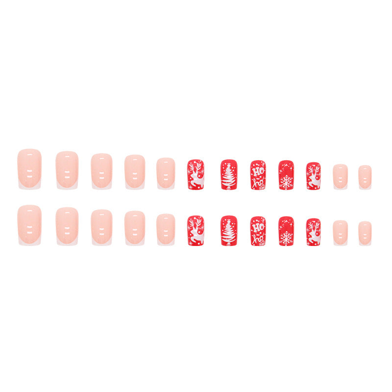 Snowflake Elk Red Press on Nails 24Pcs Medium Squoval  Nails