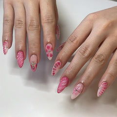 3D flower diamond cross Pink Press on Nails 24Pcs Medium Almond Nails