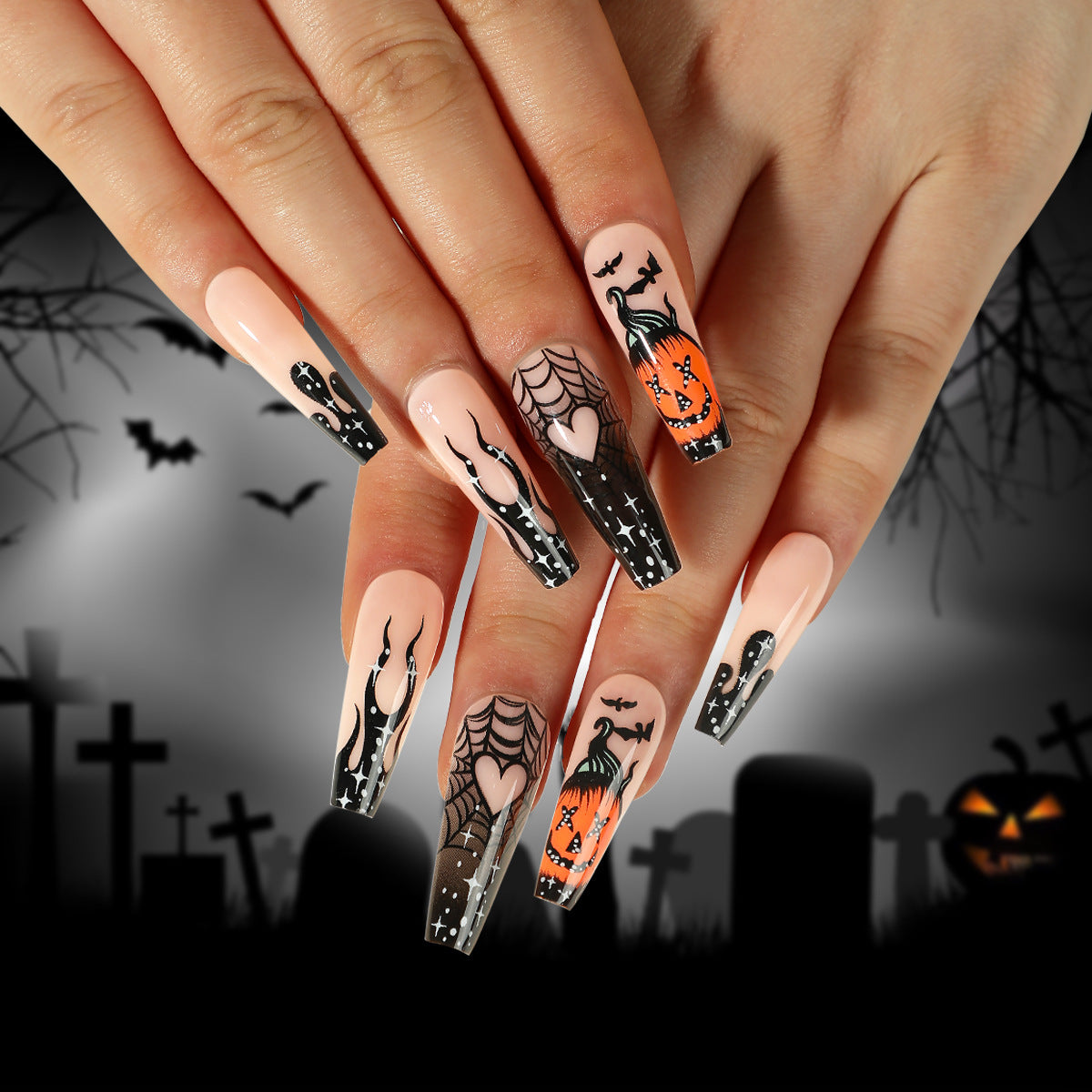 Black Flame Pumpkin Spider Web Press on Nails 24Pcs Long Ballerina Nails  