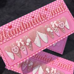 Camellia Bow Pearls（Handmade press on nails）/10Pcs Almond Nails