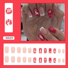 Snowflake Elk Red Press on Nails 24Pcs Medium Squoval  Nails