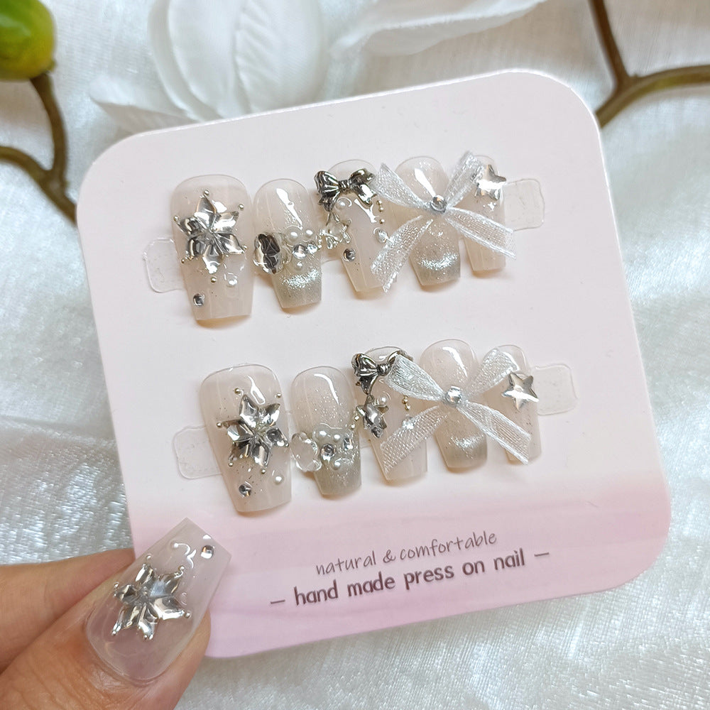 Snowflake & Diamond Bow（Handmade press on nails）/10Pcs Coffin Nails