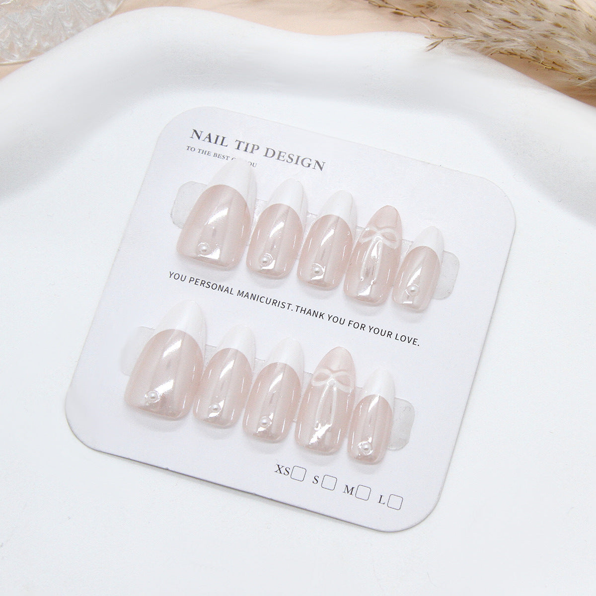 French Pearl Bow（Handmade press on nails）/10Pcs Almond Nails