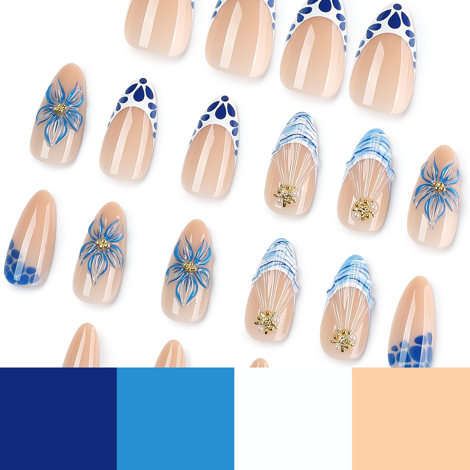 Blue & White 3D Flower Presson on Nails 24Pcs Medium Almond Nails