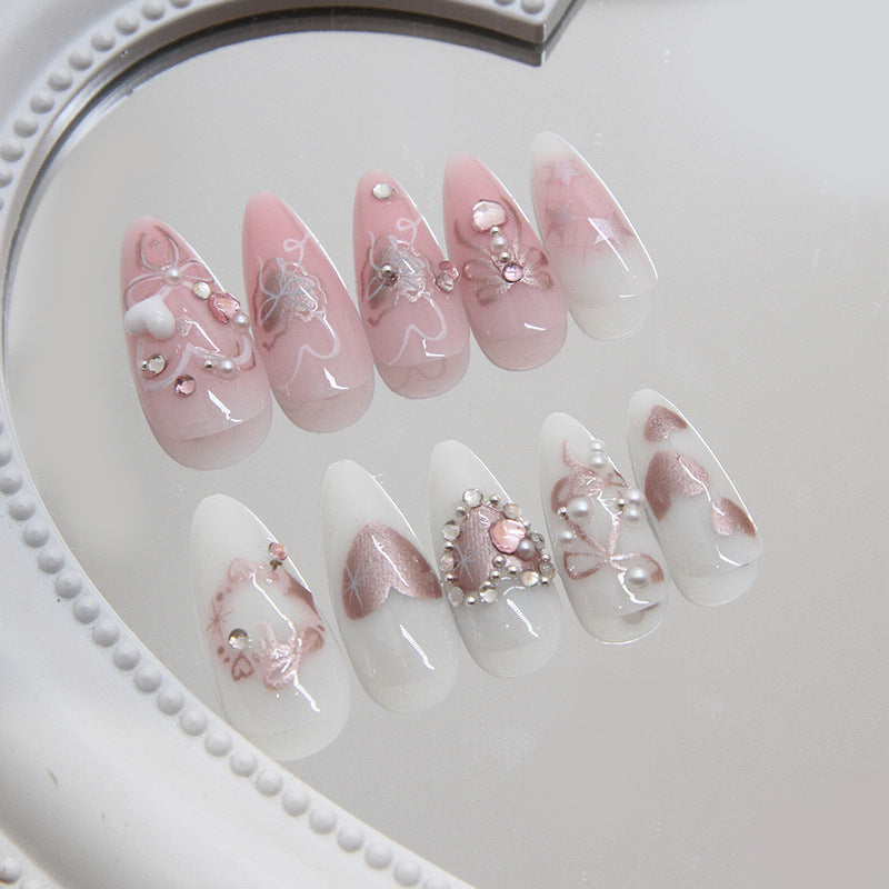 Cute bow diamond Pink Press on Nails 24Pcs Medium Almond Nails