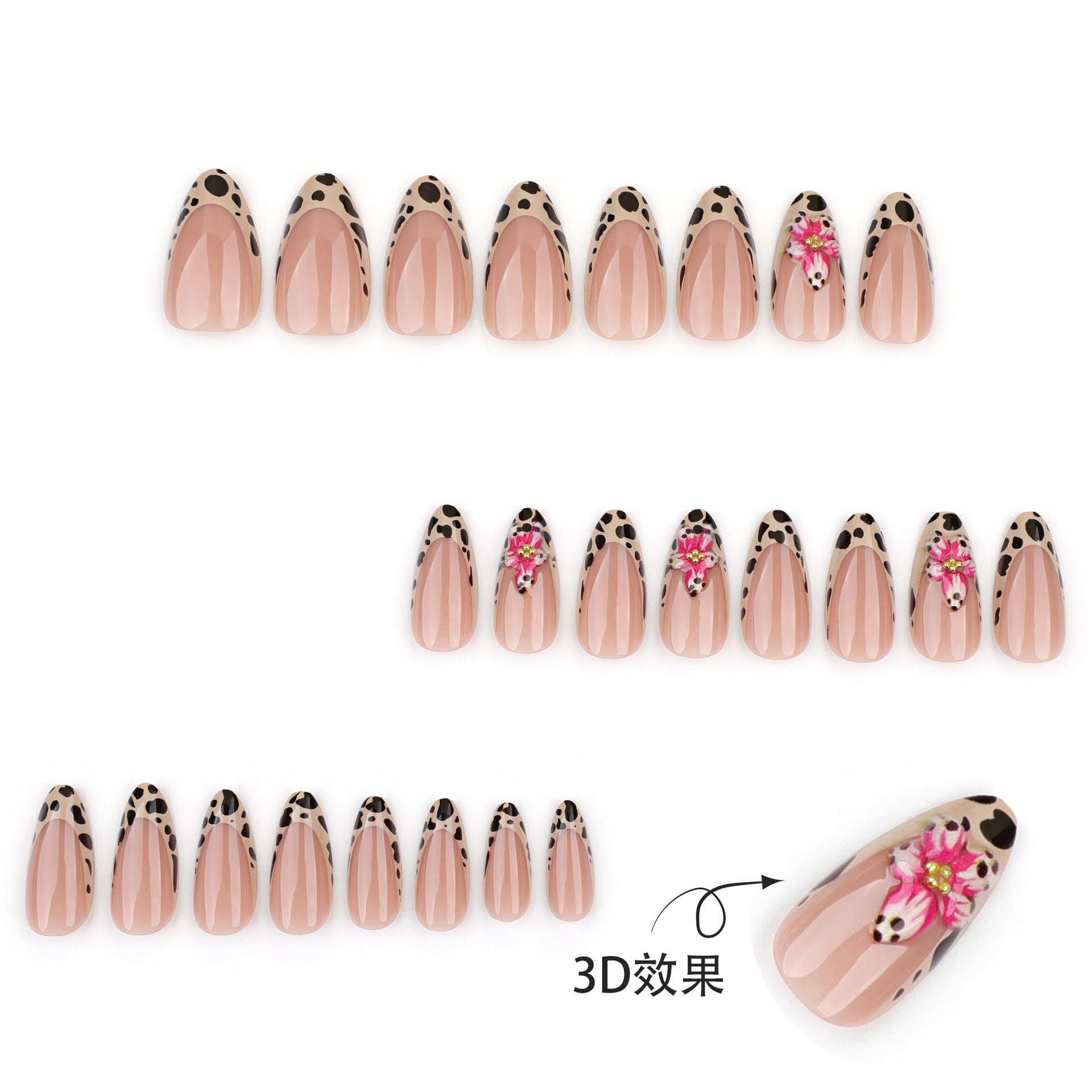 Leopard 3D Flower Press on Nails 24Pcs Medium Almond Nails