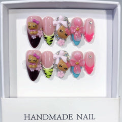 Kitty Carved（Handmade press on nails）/10Pcs Almond Nails