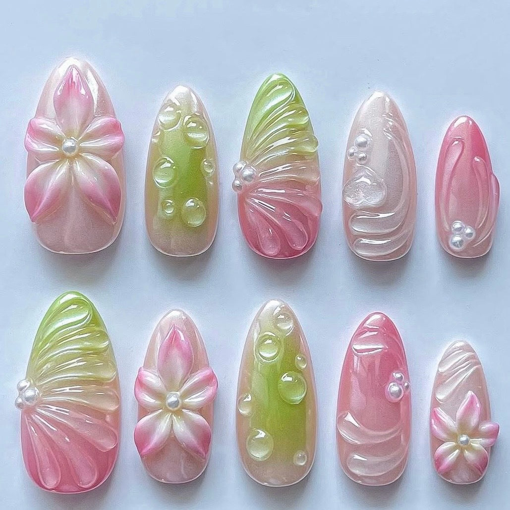 3D Shading Flowers（Handmade press on nails）/10Pcs Almond Nails