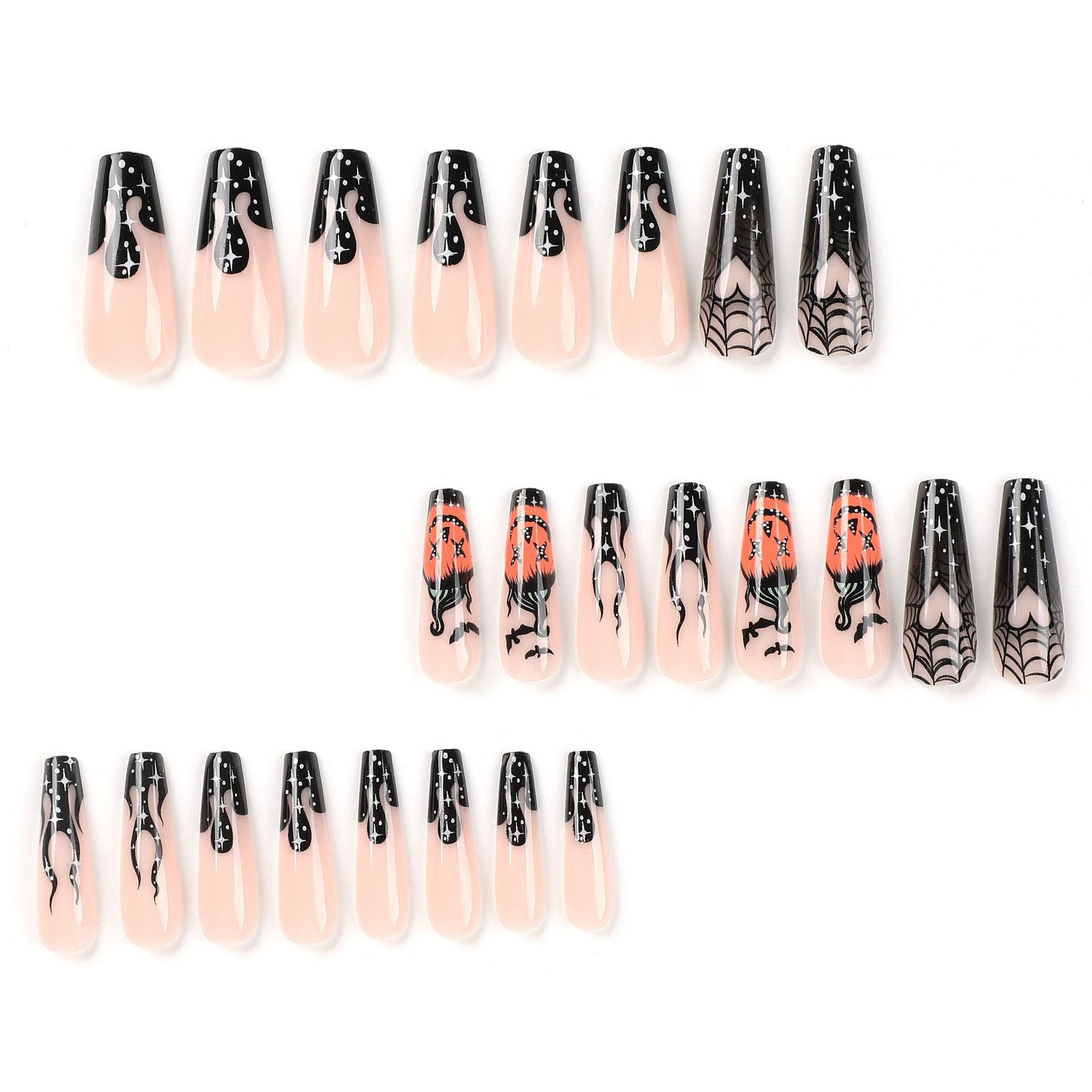 Black Flame Pumpkin Spider Web Press on Nails 24Pcs Long Ballerina Nails  