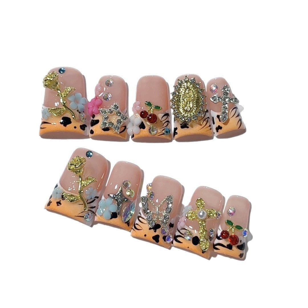 Leopard Bloom（Handmade press on nails）/10Pcs Square Nails