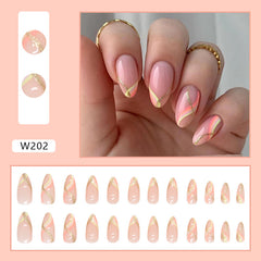 Gold Stripes Press on Nails 24Pcs Medium Almond Nails