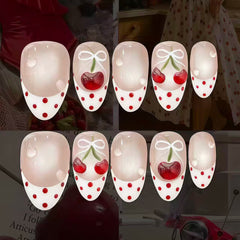 French 3D Cherry Presson on Nails 10Pcs Medium Almond Nails