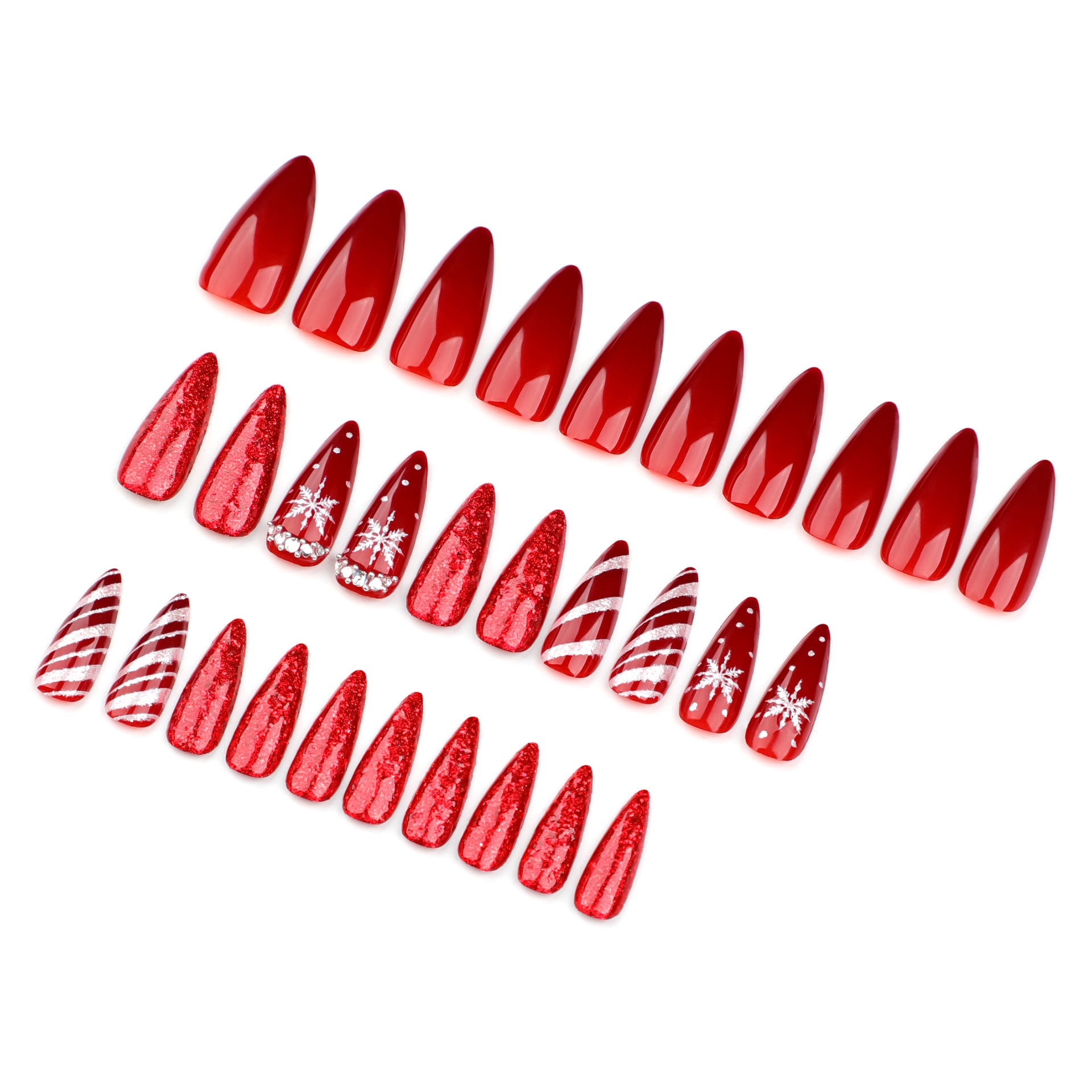 Sparkling Snowflake Stripes Press on Nails 24Pcs Long Stiletto Nails