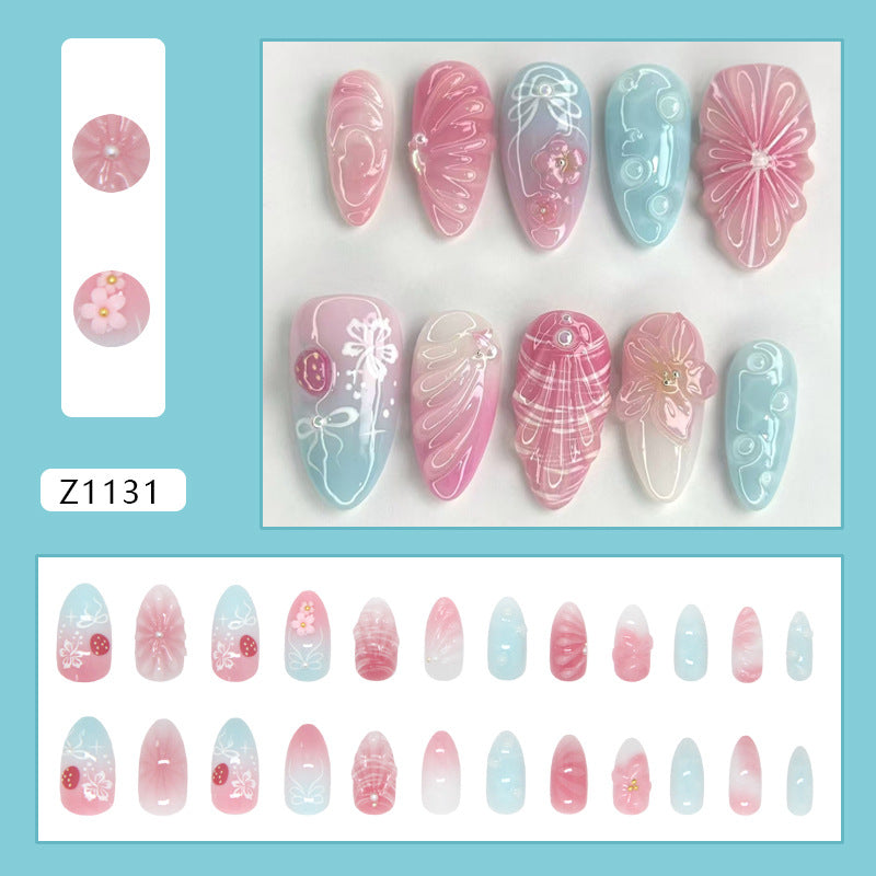 Ripple Bow Flower Pearl Gradient on Nails 24Pcs Medium Almond Nails