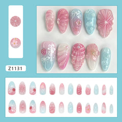 Ripple Bow Flower Pearl Gradient on Nails 24Pcs Medium Almond Nails
