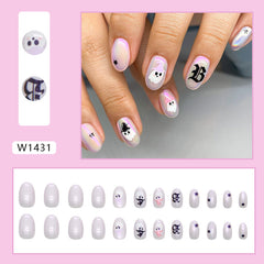 White Aurora Ghost Press on Nails 24Pcs Short Oval Nails  