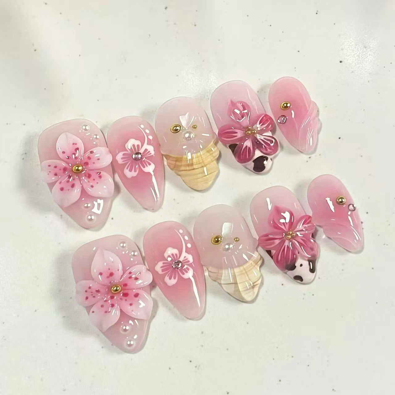 French Cow Pattern Press on Nails 10Pcs Short Almond Nails