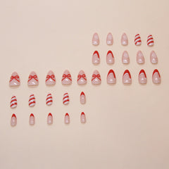 Striped Snowflake Christmas Press on Nails 24Pcs Short Almond Nails