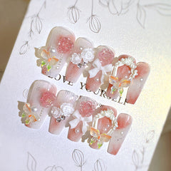 Flower Bow Handmade press on Nails / 24Pcs Ballerina Nails