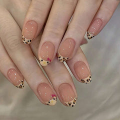 French Leopard Print Kitty Presson on Nails 24Pcs Medium Almond Nails