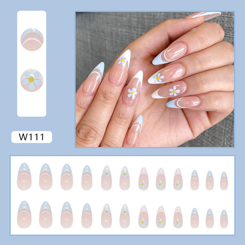 Light Blue Flowers Press on Nails 24Pcs Medium Almond Nails