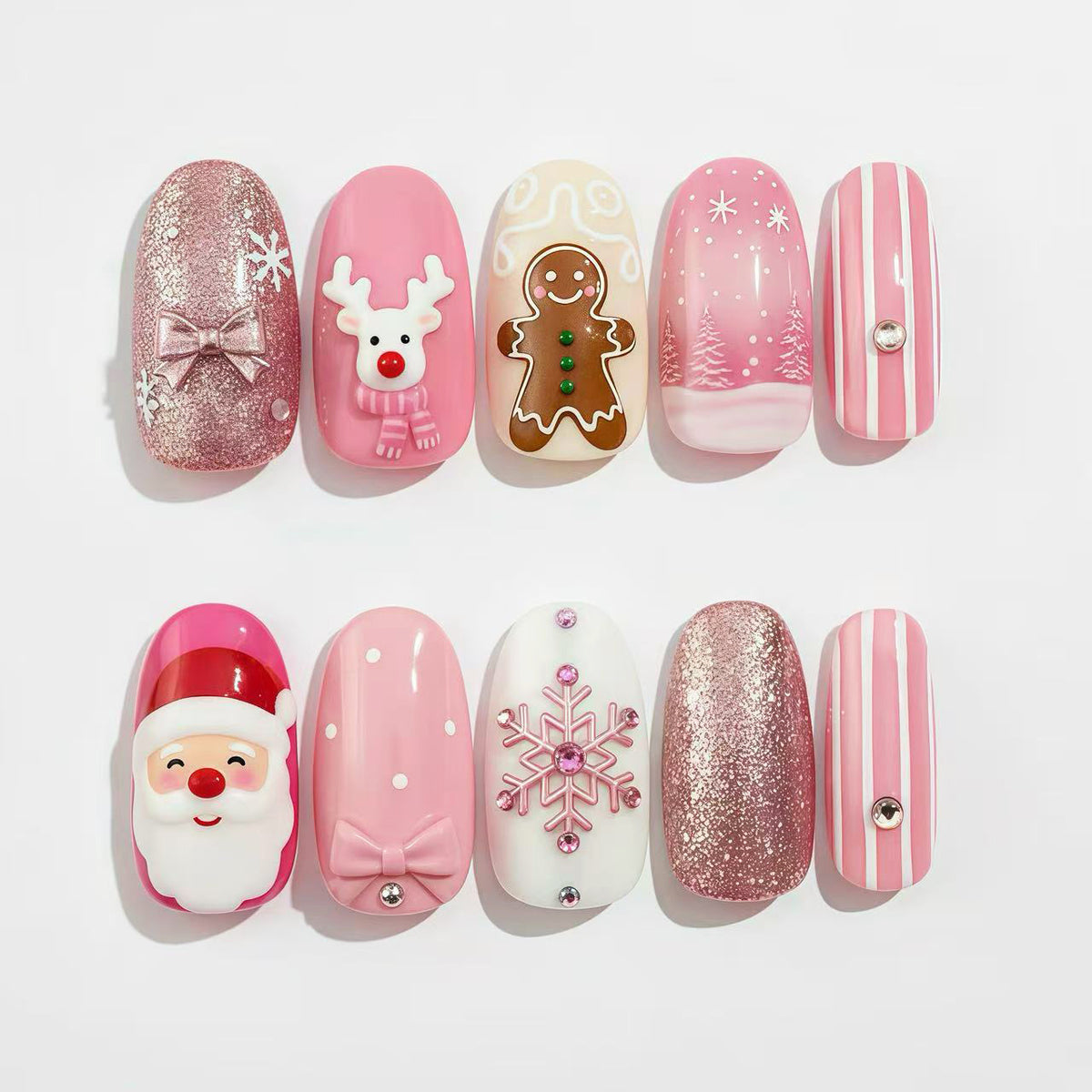 Pink Christmas Presson on Nails 10Pcs Medium Almond Nails