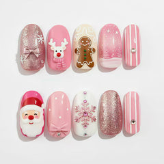 Pink Christmas Presson on Nails 10Pcs Medium Almond Nails