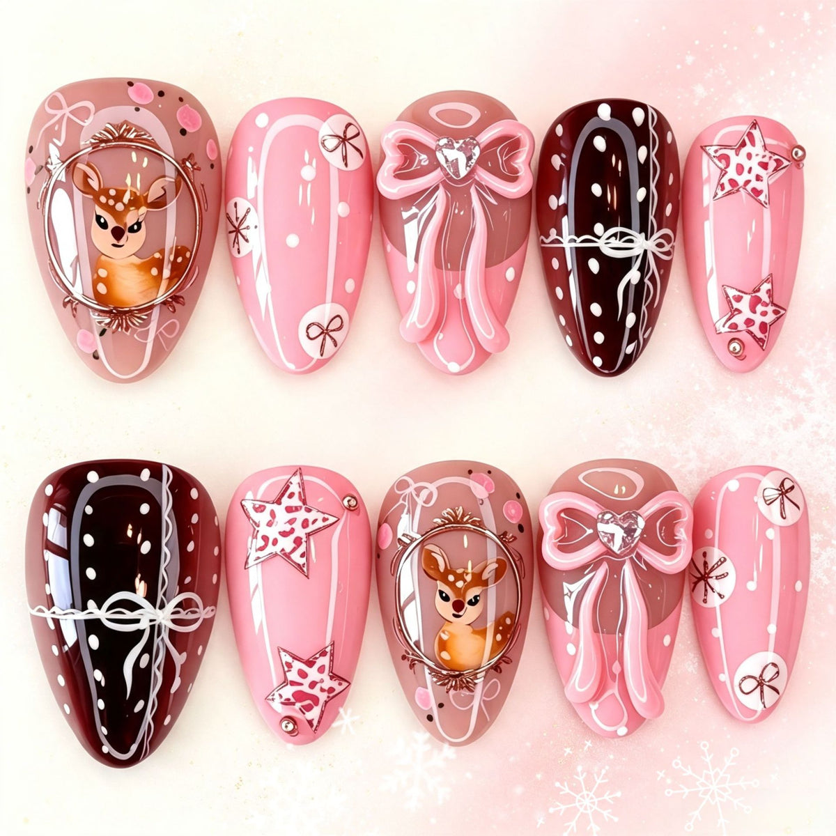 Christmas Pink Bow Deer Presson on Nails 10Pcs Medium Almond Nails