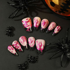 Purple Flame Spider Web Press on Nails 24Pcs Short Almond Nails  