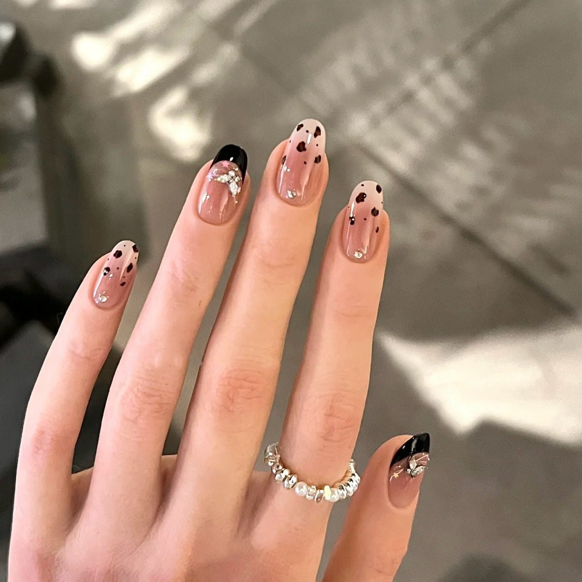 Leopard Black French Butterfly Cat Eye（Handmade press on nails）/10Pcs Oval Nails