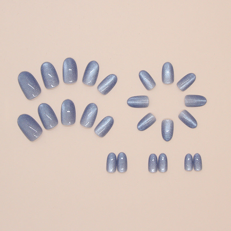 Gypsophila Cat Eye Blue Press on Nails 24Pcs Short Oval Nails