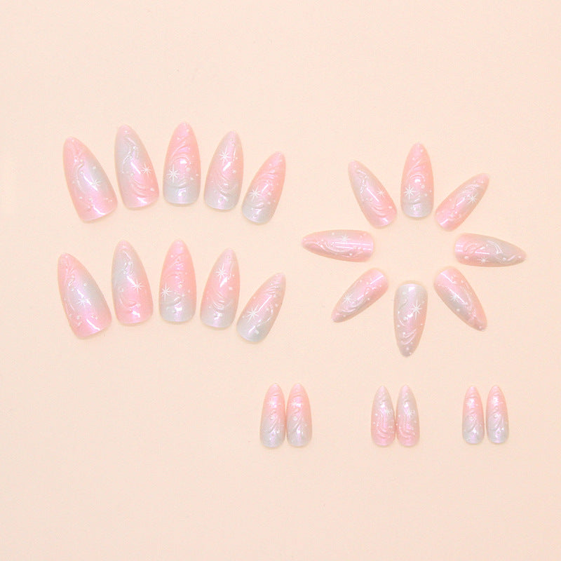 Pearlescent Pink Blue Gradient Color Press on Nails 24Pcs Medium Almond Nails