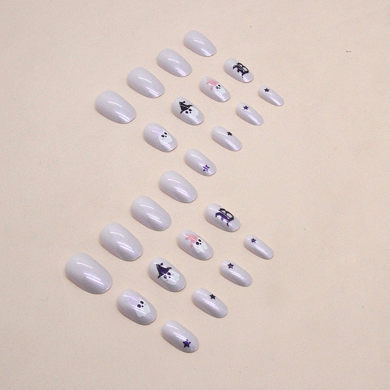 White Aurora Ghost Press on Nails 24Pcs Short Oval Nails  