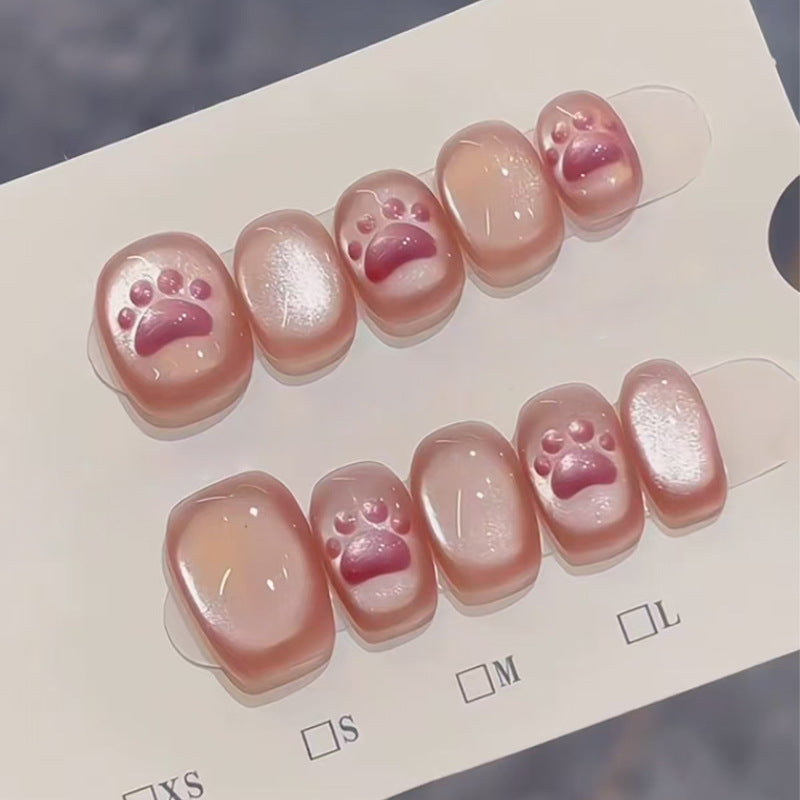 Pink Cat Paw Cat Eye Gradient（Handmade press on nails）/10Pcs Squoval Nails