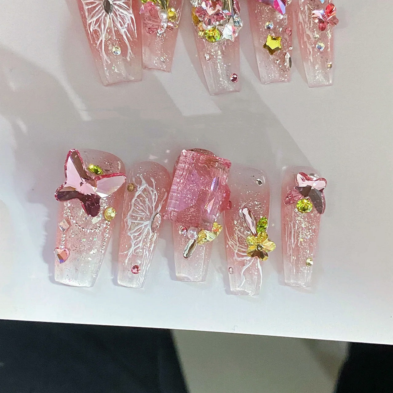 Pink Diamond Butterfly Handmade press on Nails / 10Pcs Ballerina  Nails