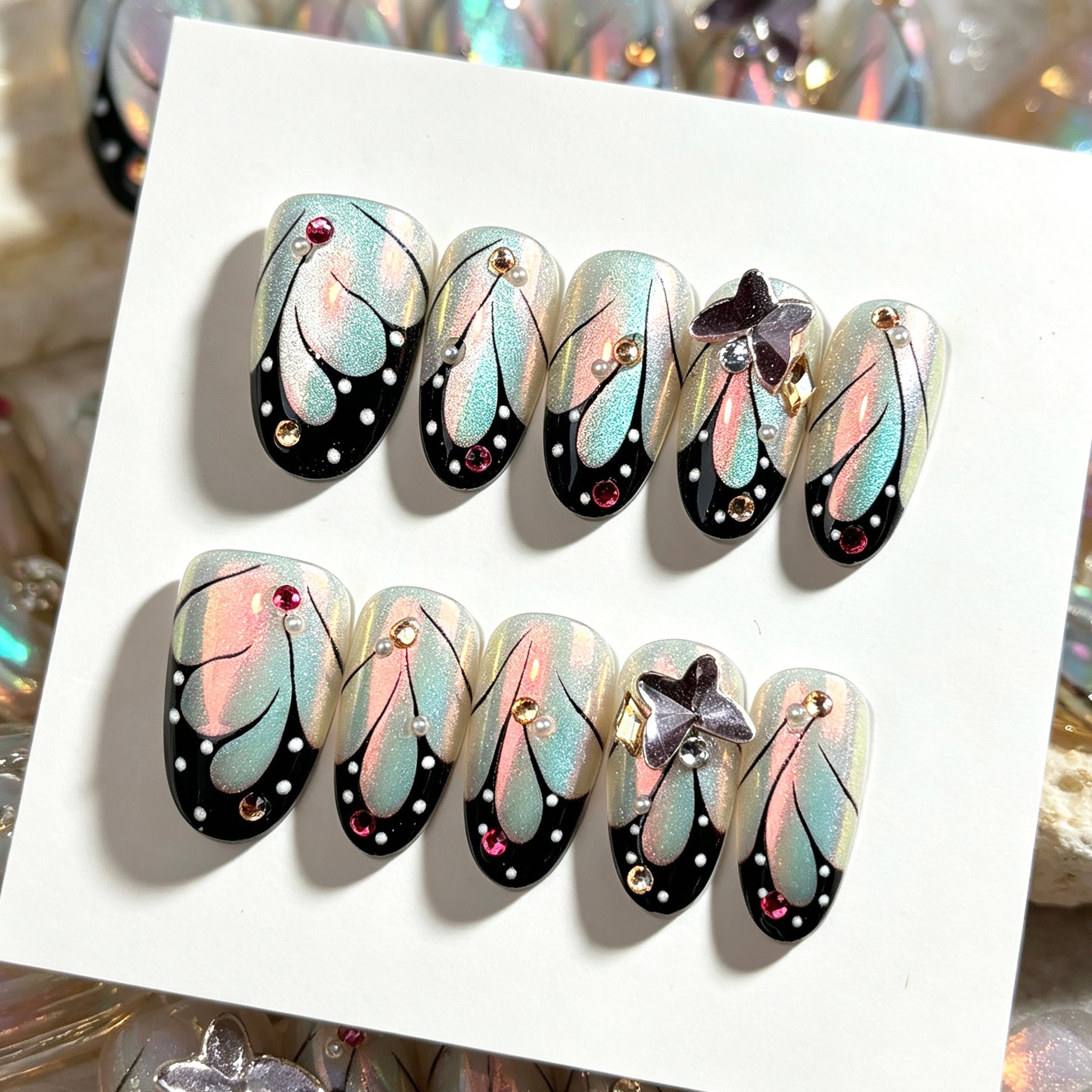 Y2K Aurora Butterfly Presson on Nails 10Pcs Medium Oval Nails