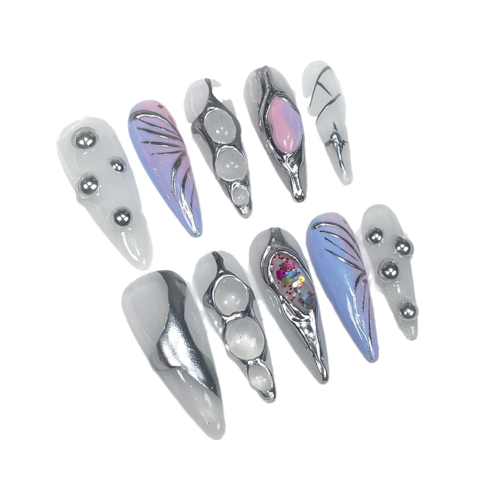 Relief Handmade press on Nails / 10Pcs Stiletto Nails