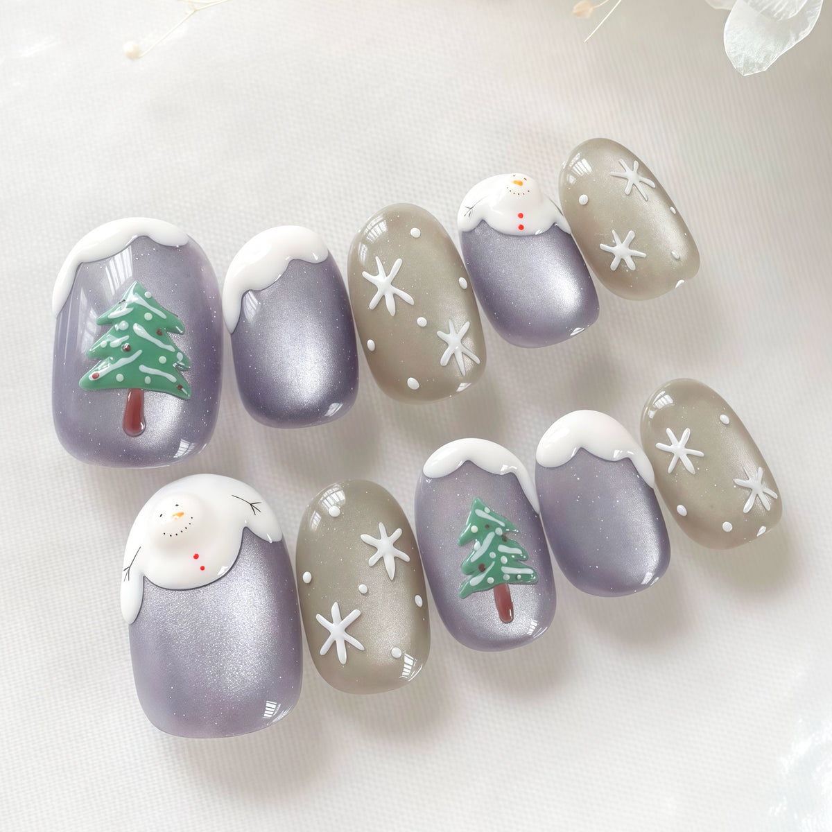 Christmas Tree Snowman Presson on Nails 10Pcs Medium Almond Nails