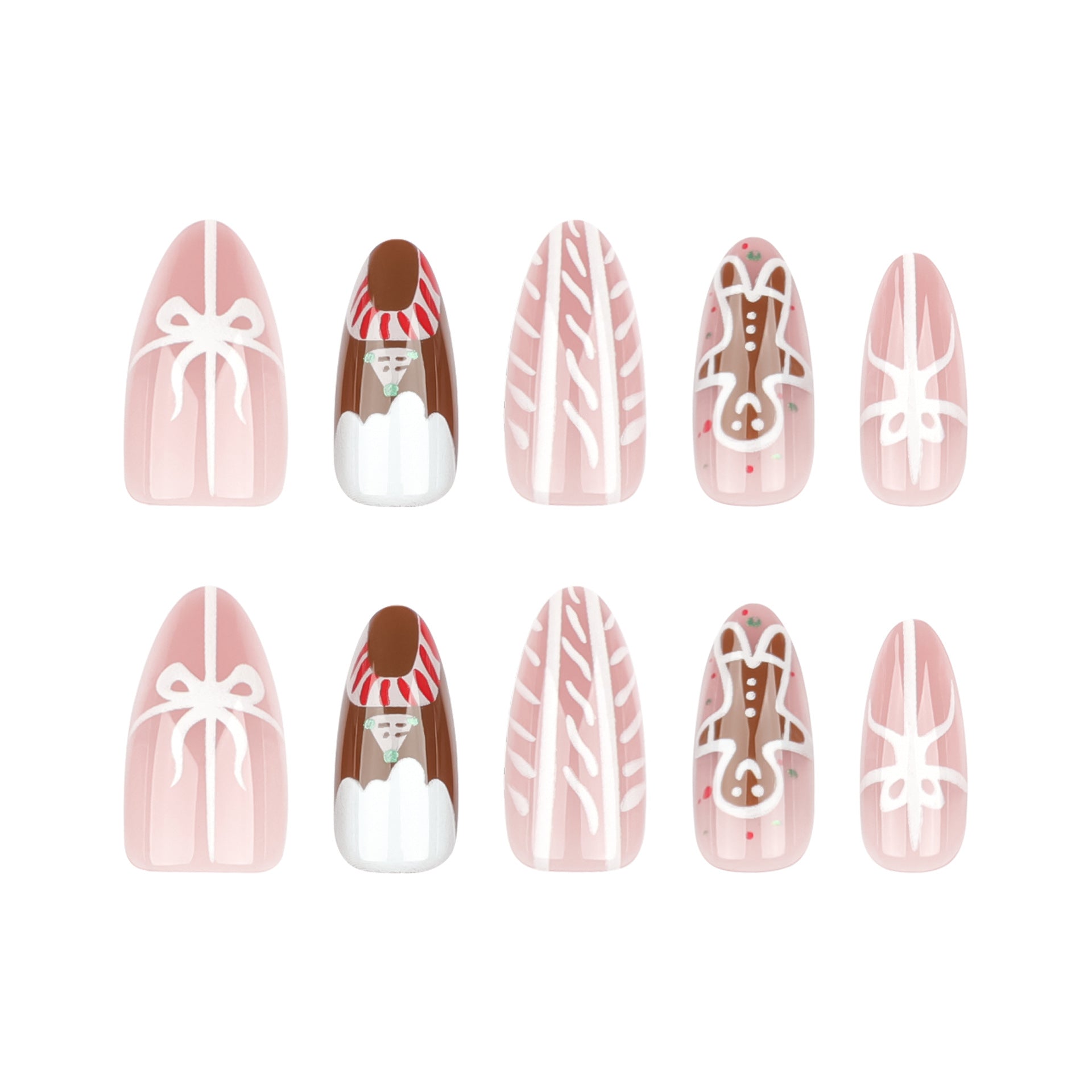 Gingerbread Man Candy Bow Press on Nails 24Pcs Medium Almond Nails