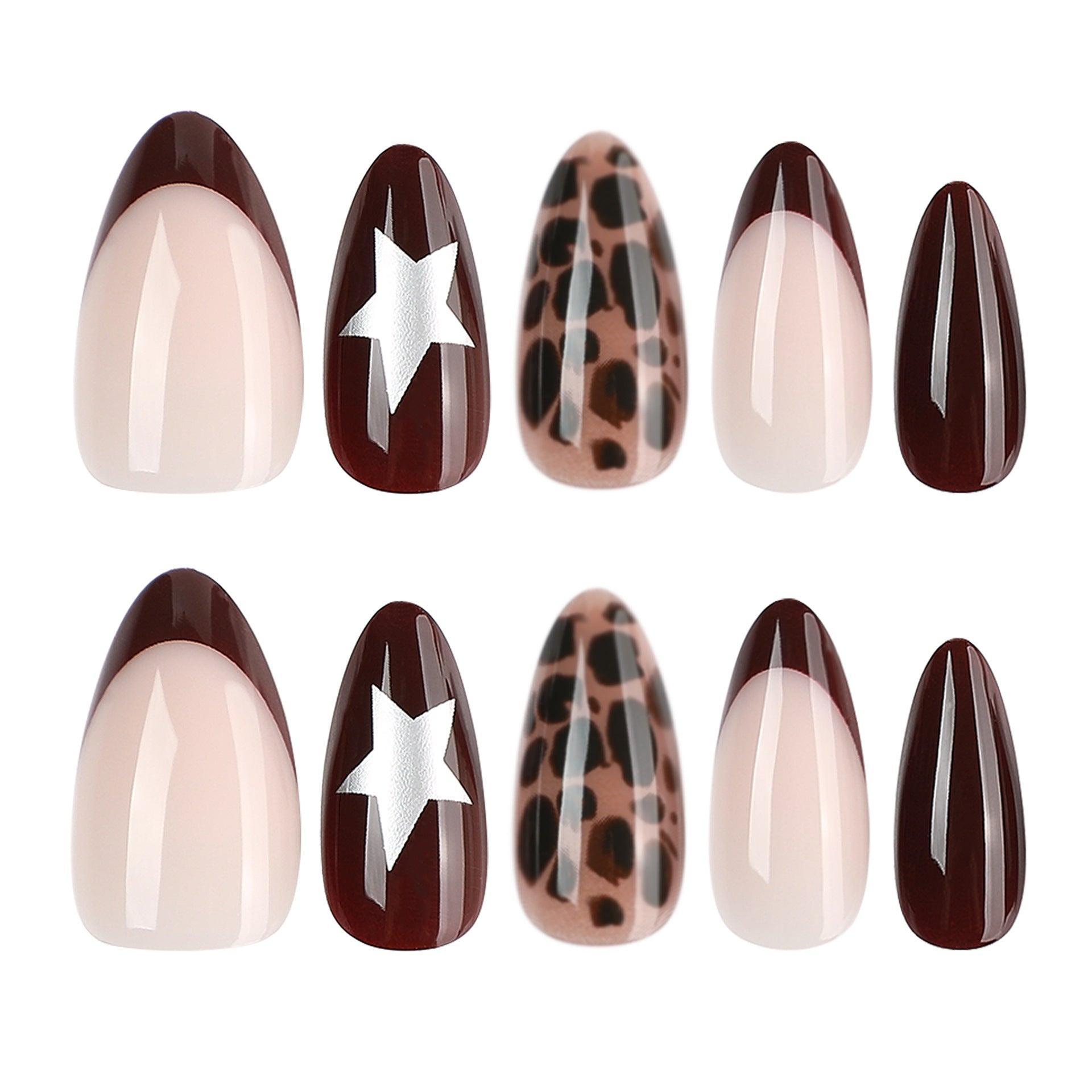 Leopard Print Stars Presson on Nails 24Pcs Medium Almond Nails