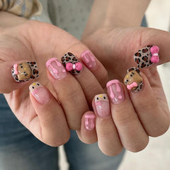 3D Pink French Leopard Kitty Press on Nails 24Pcs Short Squoval Nails