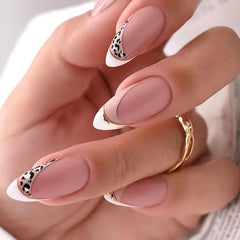 French Leopard Pattern Press on Nails 24Pcs Medium Almond Nails