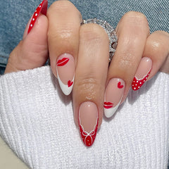 Red Lip Polka Dot Press on Nails 24Pcs Medium Almond Nails