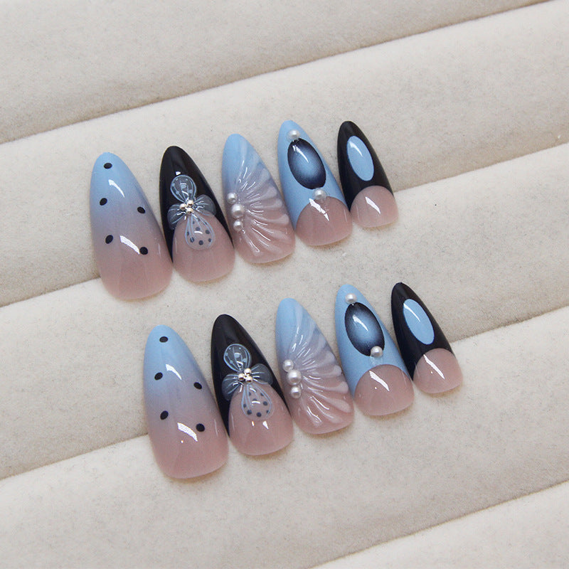 3D Pearl Shell Blue Press on Nails 24Pcs Medium Almond Nails